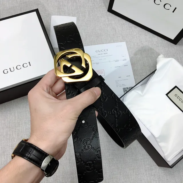 Gucci GG Marmont حزام جلدي أسود ذهبي مع نقش حرف G متشابكة ومشبك 6