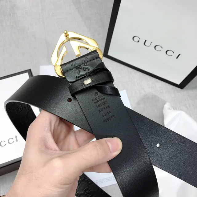Gucci GG Marmont حزام جلدي أسود ذهبي مع نقش حرف G متشابكة ومشبك 7