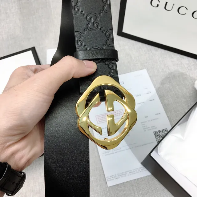 Gucci GG Marmont حزام جلدي أسود ذهبي مع نقش حرف G متشابكة ومشبك 8