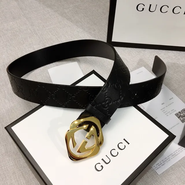 Gucci GG Marmont حزام جلدي أسود ذهبي مع نقش حرف G متشابكة ومشبك 9