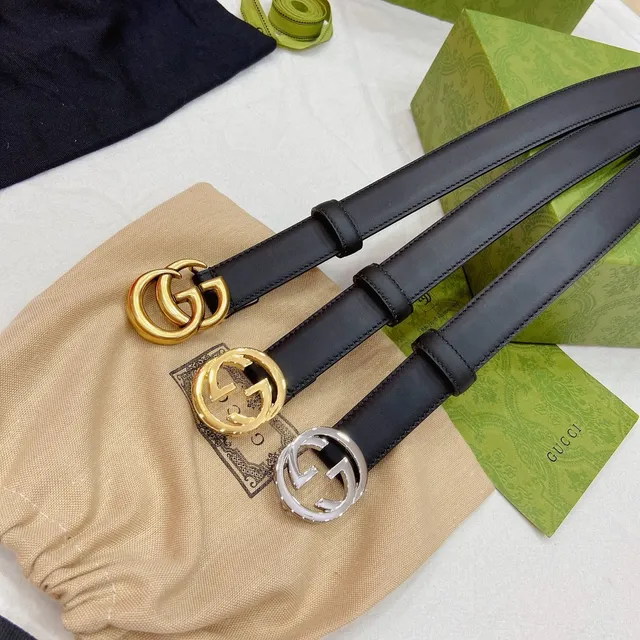 Gucci GG Marmont 黑色金色 interlocking 双 G 扣头 光滑皮革腰带 3