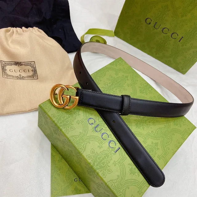 Gucci GG Marmont 黑色金色 interlocking 双 G 扣头 光滑皮革腰带 4