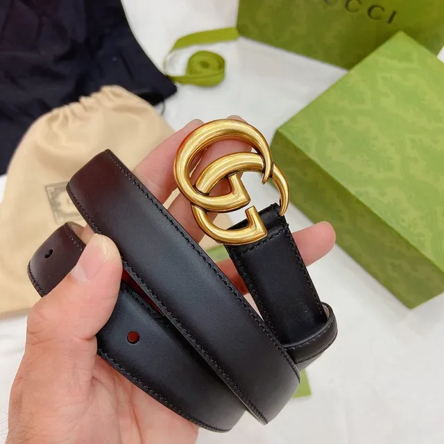 Gucci GG Marmont 黑色金色 interlocking 双 G 扣头 光滑皮革腰带 6