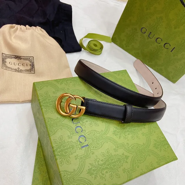 Gucci GG Marmont 黑色金色 interlocking 双 G 扣头 光滑皮革腰带 7