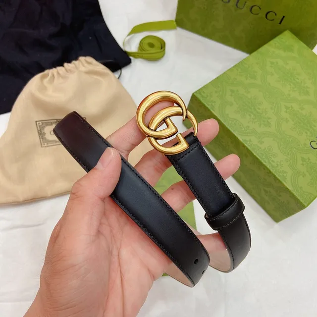 Gucci GG Marmont 黑色金色 interlocking 双 G 扣头 光滑皮革腰带 9
