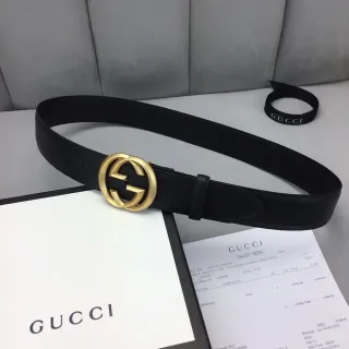 Gucci GG Marmont Preto Dourado Interlocking G Fivela Cinto de Couro Liso