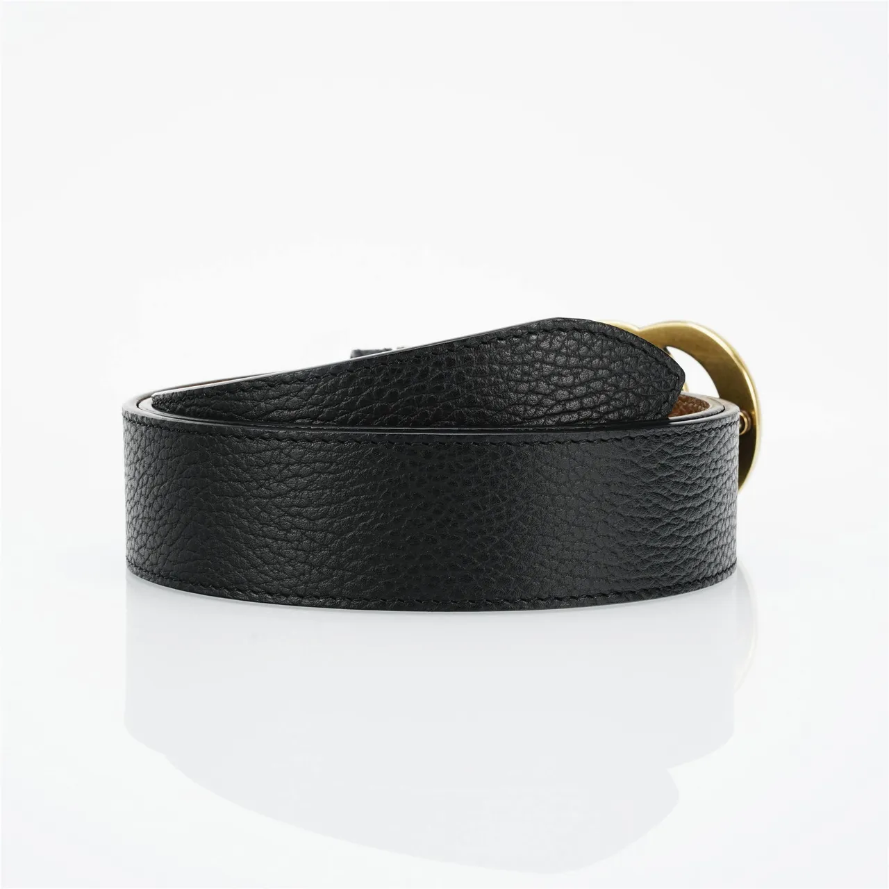 Gucci GG Marmont Black Gold Pebbled Interlocking G Buckle Leather Belt 3
