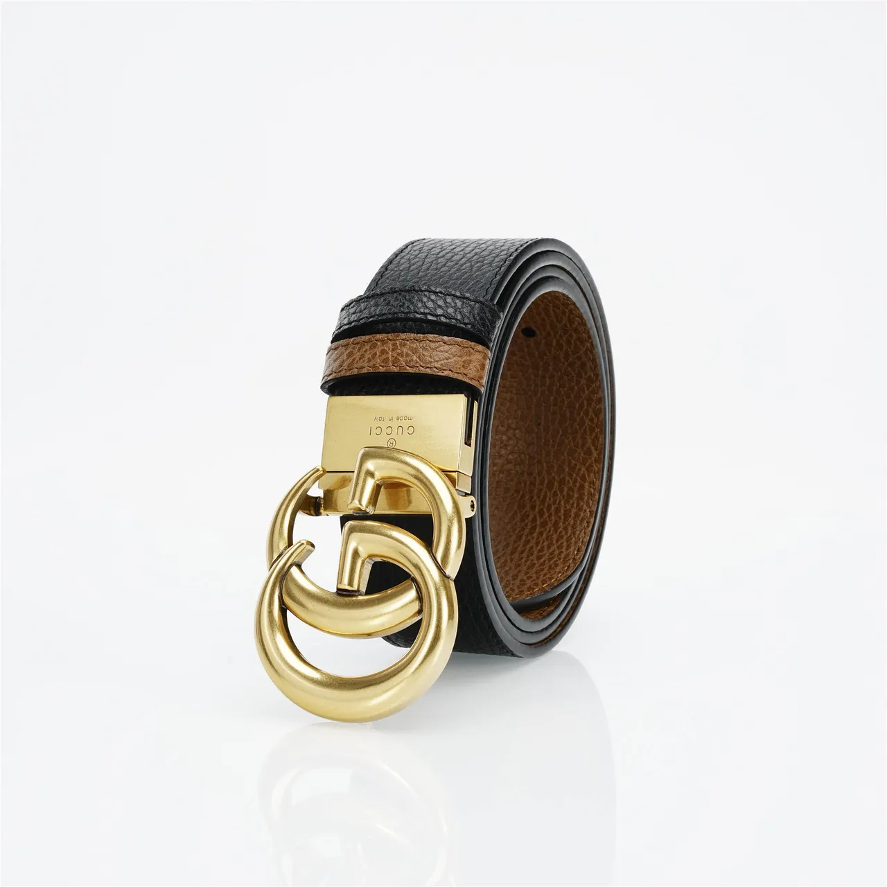 Gucci GG Marmont Black Gold Pebbled Interlocking G Buckle Leather Belt 6