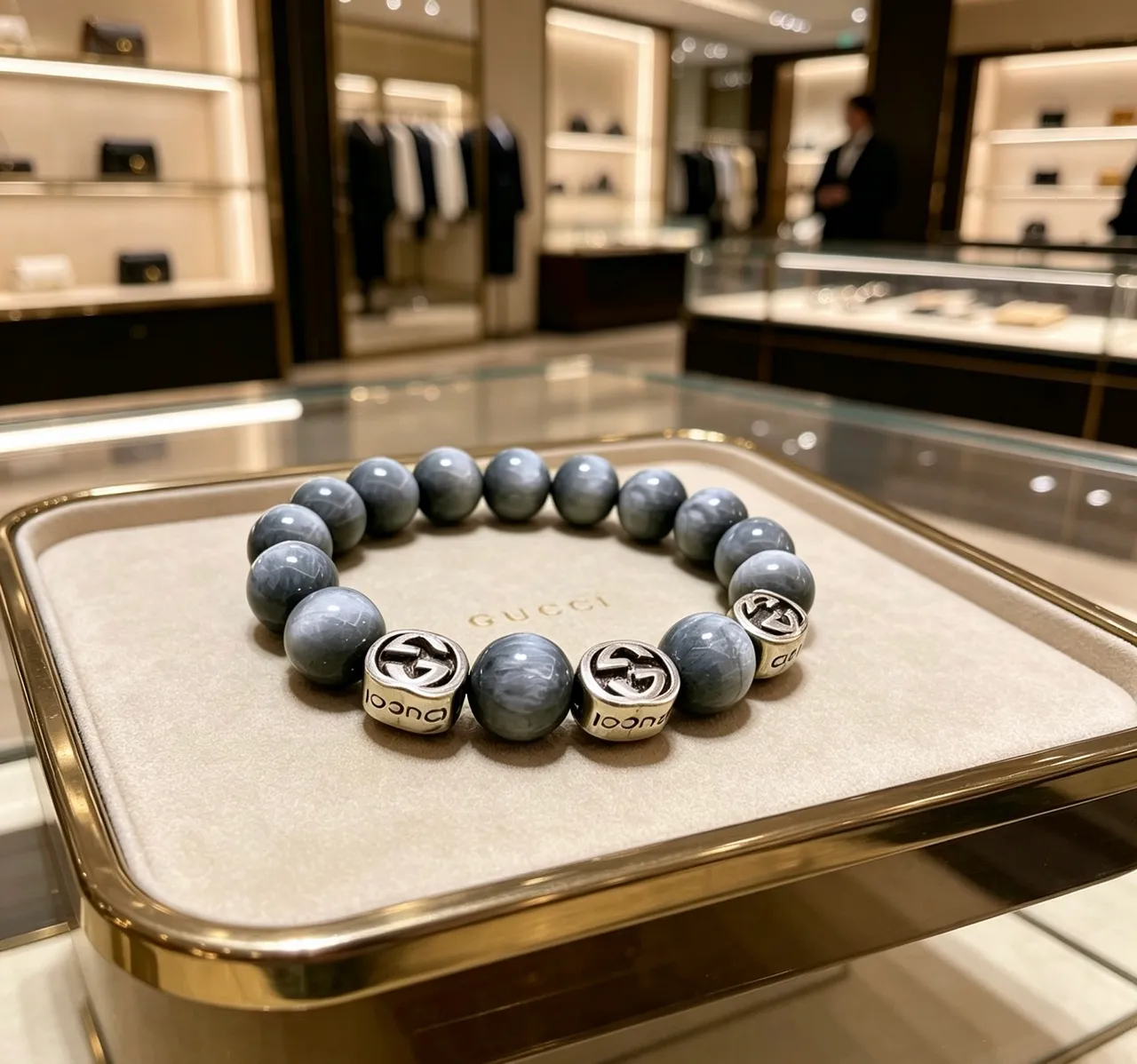 Gucci GG Marmont Pulsera de piedra marmoleada azul plateada con cuentas 4