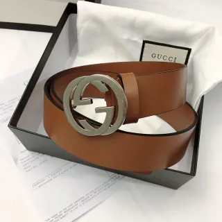 Gucci GG Marmont भूरा चांदी interlocking G बकल चिकनी चमड़े की बेल्ट