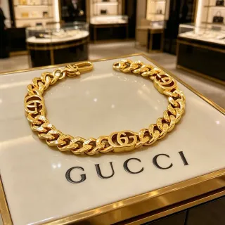سوار Gucci GG Marmont ذهبي سلسلة كيرب لينك سميكة إنترلوكينج نمط دوبل جي
