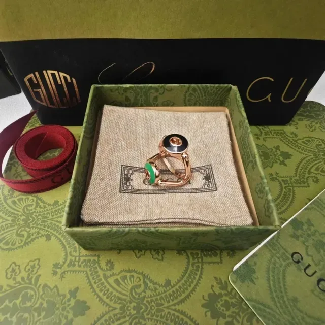 Gucci GG Marmont Green Gold Rotating Bezel Cabochon Stone Ring 7