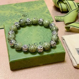 Gucci GG Marmont Green Silver Beaded Interlocking G Charms Bracelet