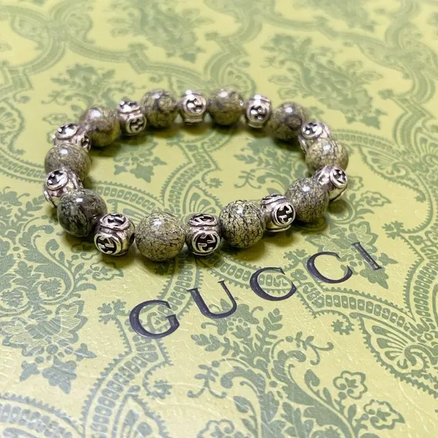 Gucci GG Marmont Green Silver Beaded Interlocking G Charms Bracelet 3
