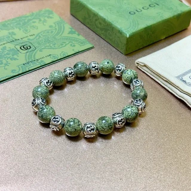 Gucci GG Marmont Green Silver Beaded Interlocking G Charms Bracelet 4
