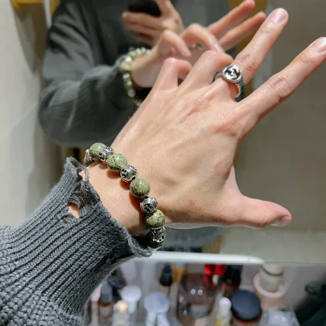 Gucci GG Marmont Green Silver Beaded Interlocking G Charms Bracelet 5