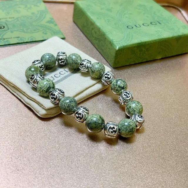 Gucci GG Marmont Green Silver Beaded Interlocking G Charms Bracelet 6