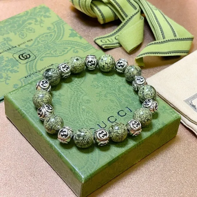 Gucci GG Marmont Green Silver Beaded Interlocking G Charms Bracelet 7
