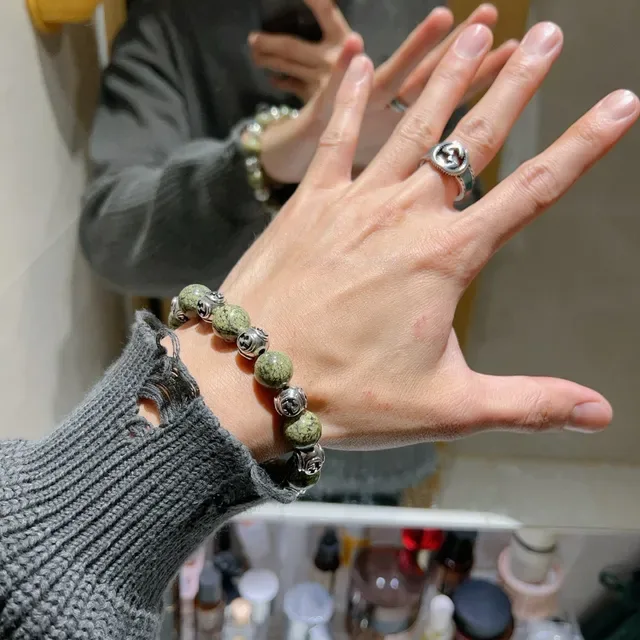 Gucci GG Marmont Green Silver Beaded Interlocking G Charms Bracelet 8