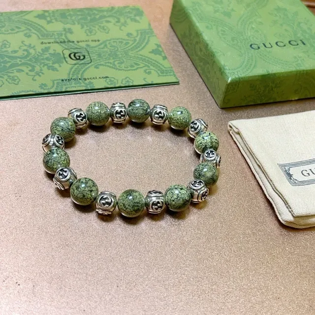 Gucci GG Marmont Green Silver Beaded Interlocking G Charms Bracelet 9