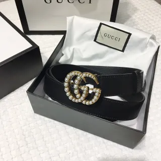 Gucci GG Marmont 珍珠镶嵌黑色皮革腰带