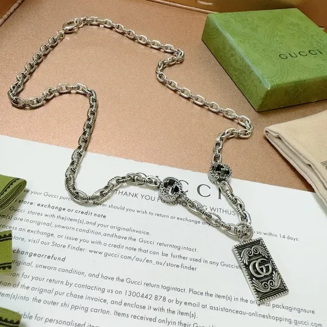 Gucci GG Marmont Rectangular Pendant Oxidized Silver and Black Enamel Necklace 7