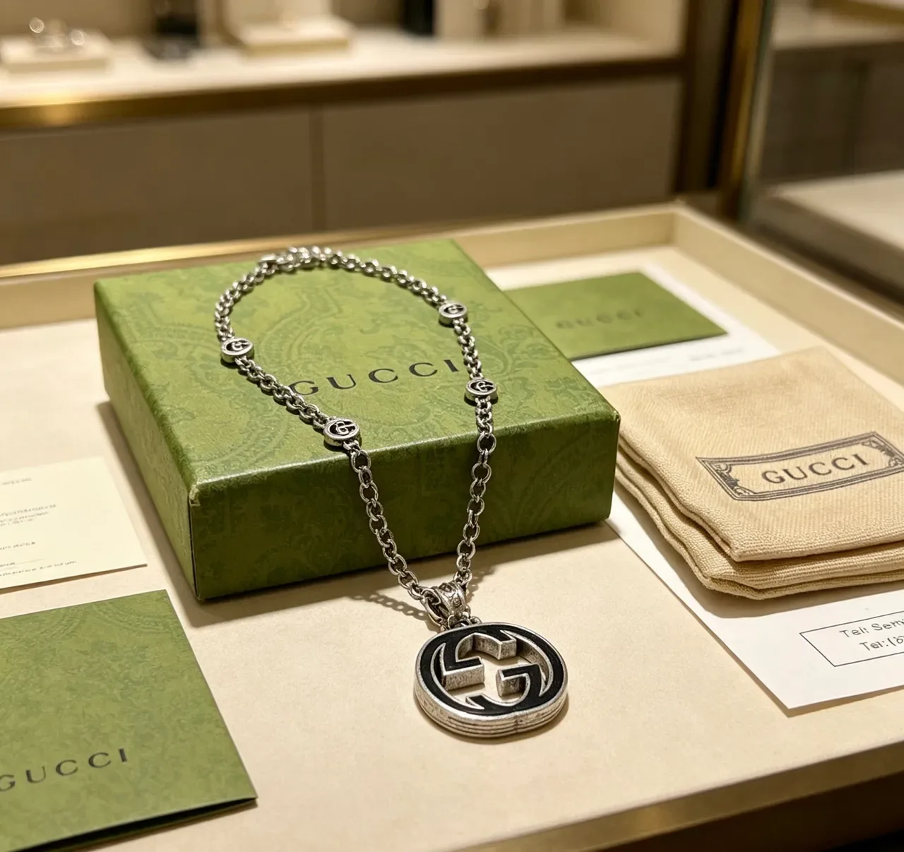 Gucci GG Marmont Collier pendentif chaîne argent noir émaillé 4