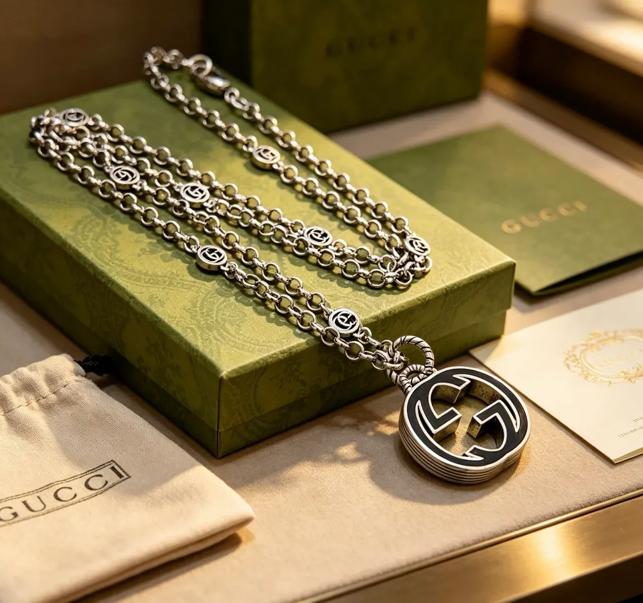 Gucci GG Marmont Collier pendentif chaîne argent noir émaillé 6