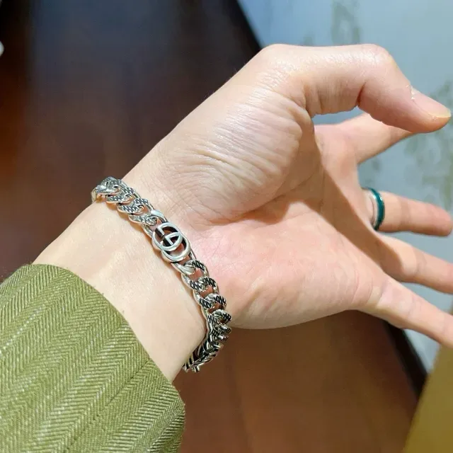 Gucci GG Marmont Silver Black Chunky Curb Chain Interlocking Logo Bracelet 7