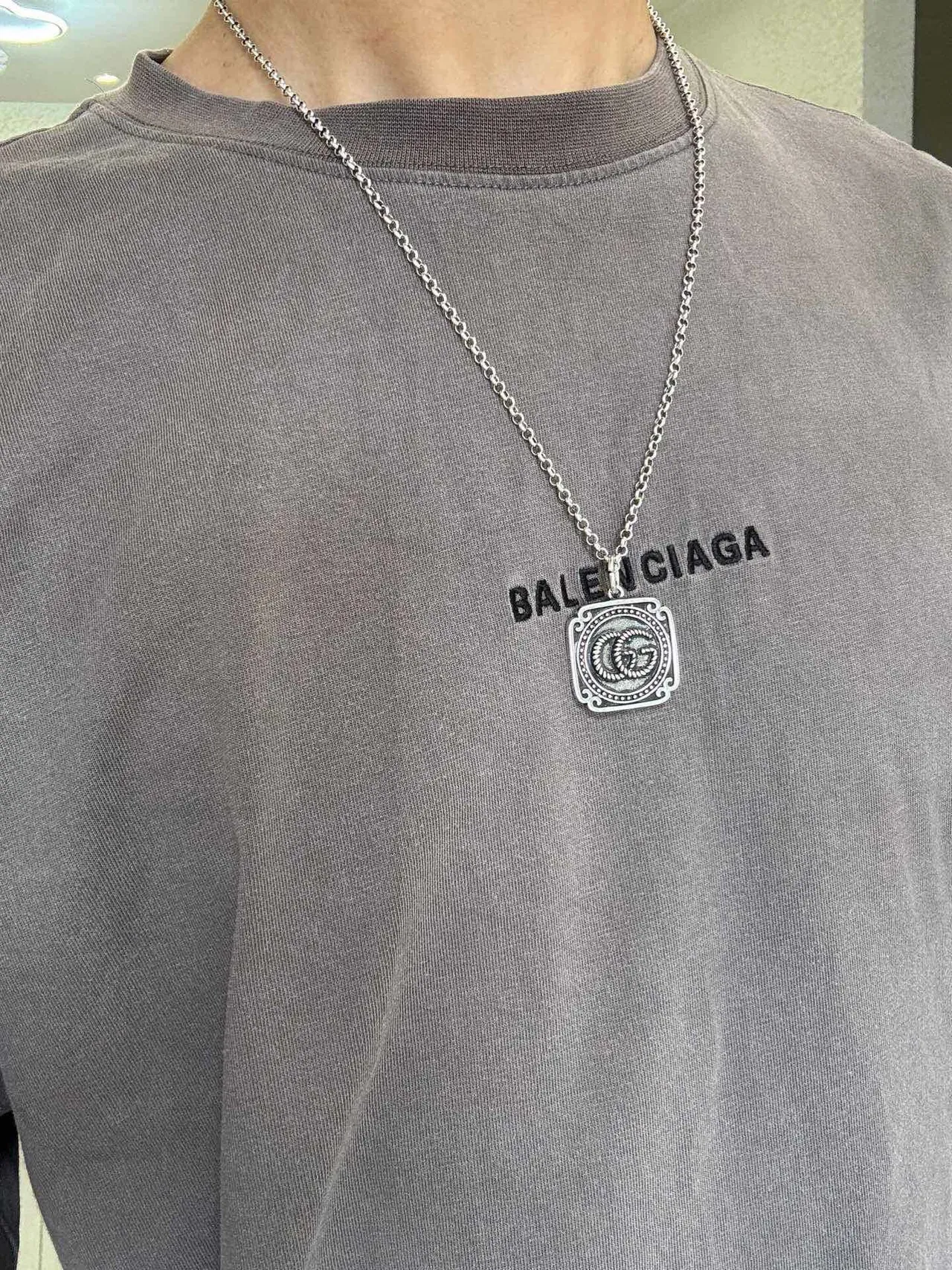 Gucci GG Marmont Silver Black Rectangular Pendant Necklace 8