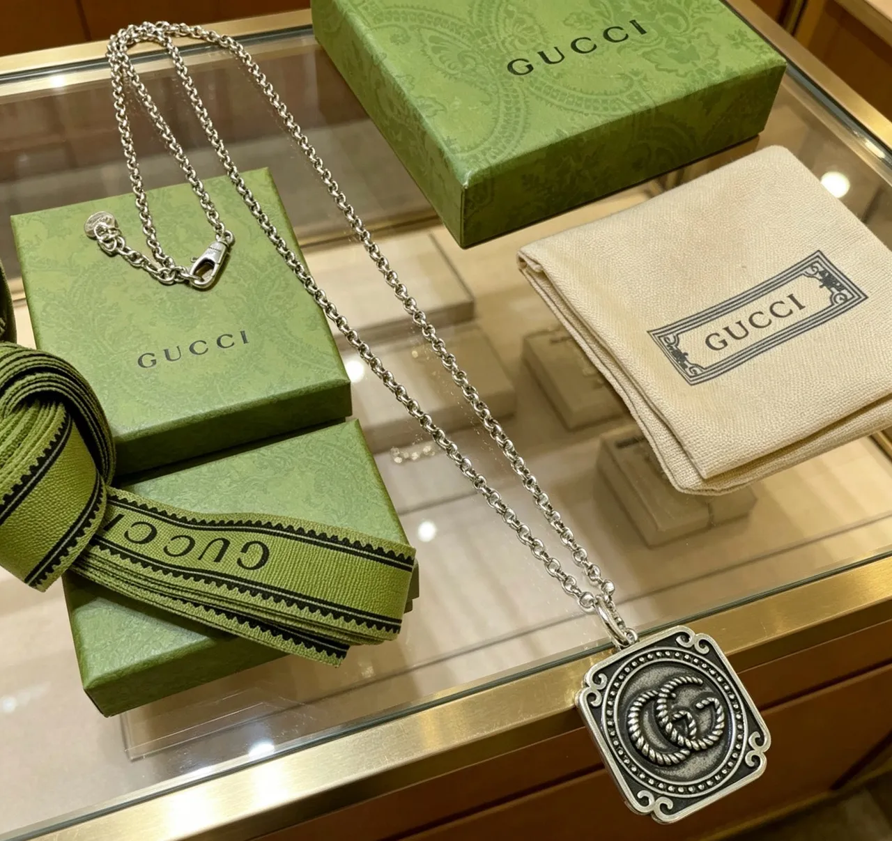 Gucci GG Marmont Silver Black Rectangular Pendant Necklace 9