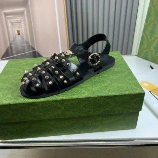 Gucci Gladiator Sandal Black Gold Multi-Strap Studded Gladiator Sandals