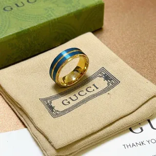 Anel Gucci Banda Larga Rayas Duplas Esmaltadas Azul Dourado