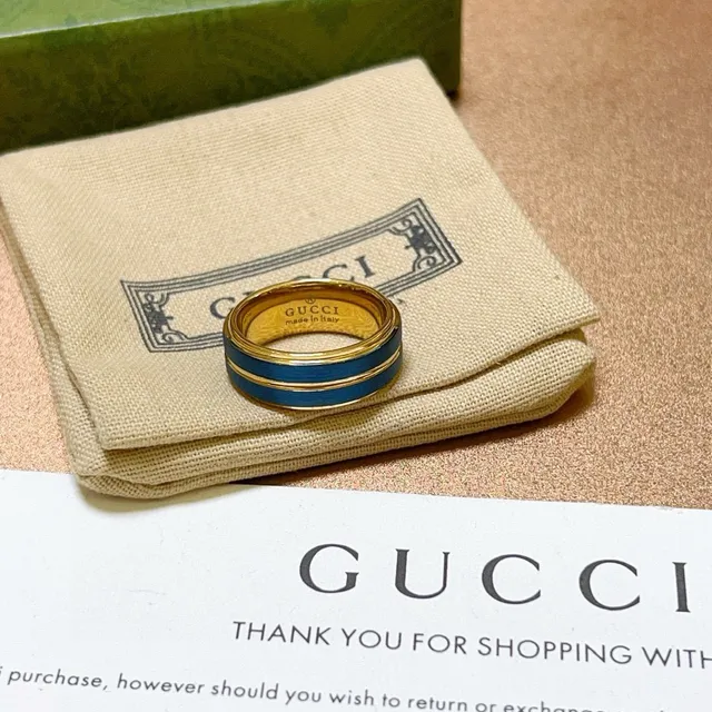 Anillo Gucci Banda Ancha Rayas Dobles Esmaltadas Azul Dorado 3