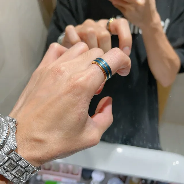 Anillo Gucci Banda Ancha Rayas Dobles Esmaltadas Azul Dorado 5