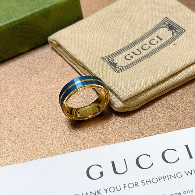 Anillo Gucci Banda Ancha Rayas Dobles Esmaltadas Azul Dorado 6