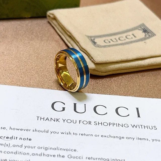 Anillo Gucci Banda Ancha Rayas Dobles Esmaltadas Azul Dorado 7