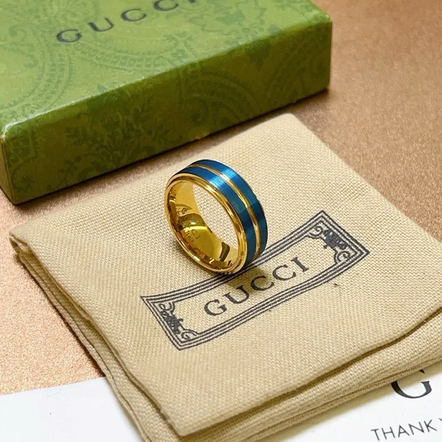 Anillo Gucci Banda Ancha Rayas Dobles Esmaltadas Azul Dorado 9