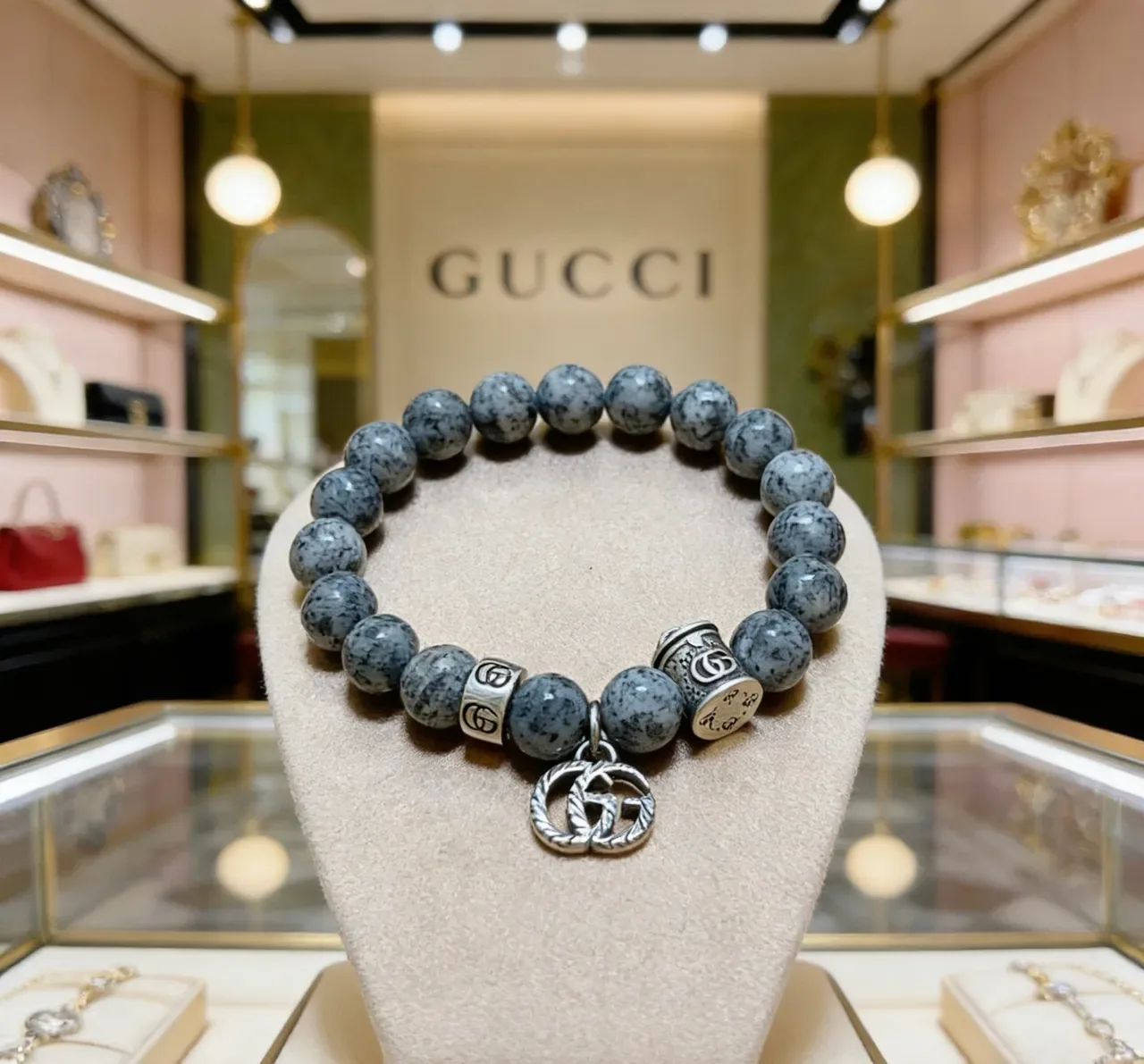 Gucci Gray Silver Beaded Stone Bracelet 7