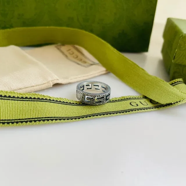 Gucci Greca Enamel Ring Silver Black Geometric Pattern Inlay Ring 4