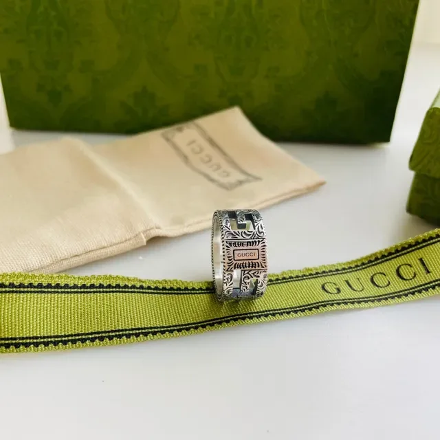 Gucci Greca Enamel Ring Silver Black Geometric Pattern Inlay Ring 5