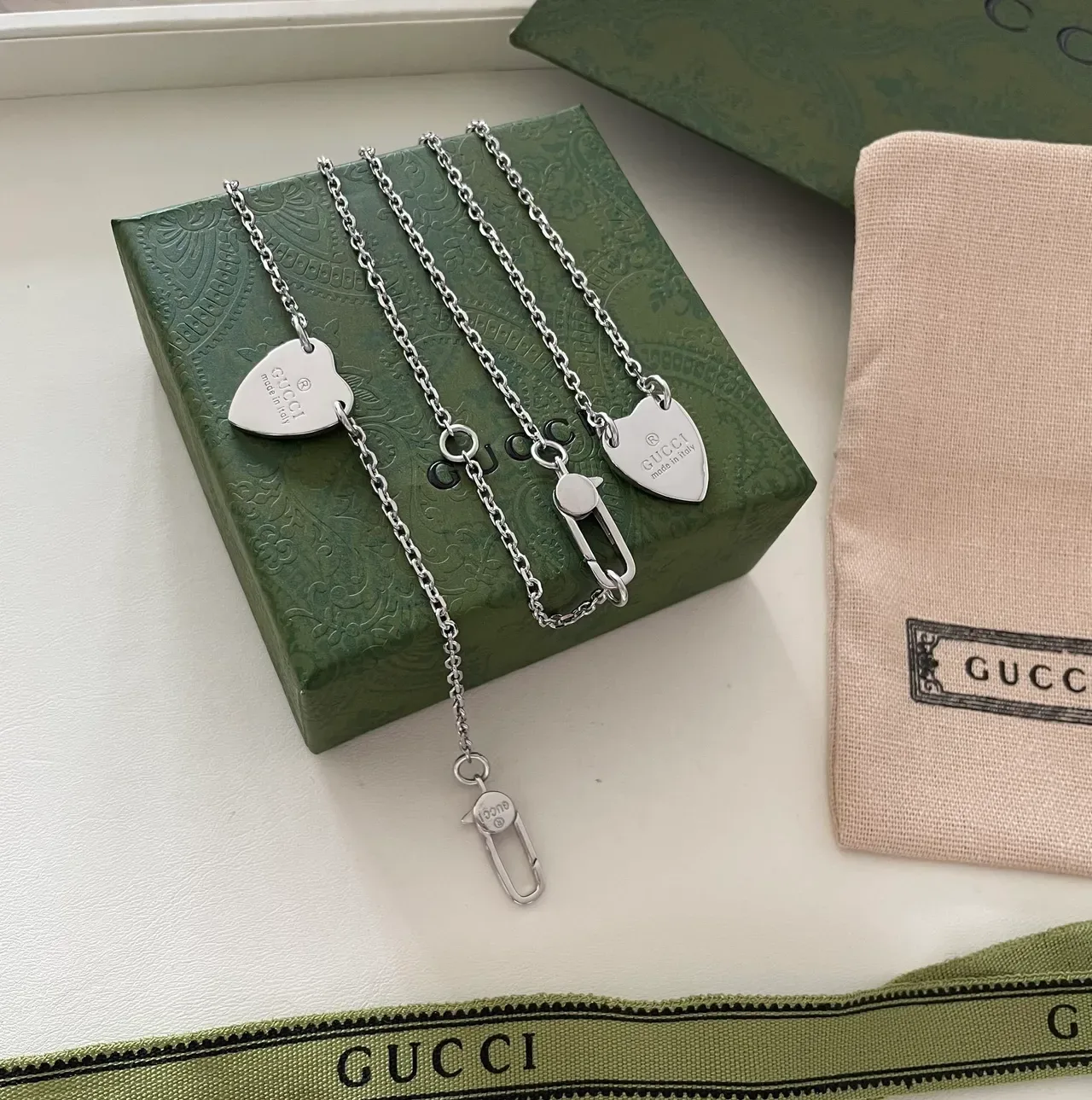 Gucci Heart Pendant Silver Army Green Engraved Logo Necklace 2