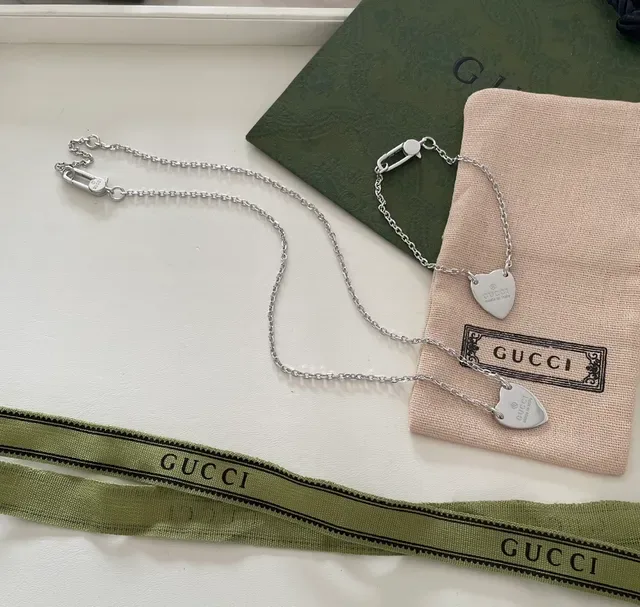 Gucci Heart Pendant Silver Army Green Engraved Logo Necklace 3