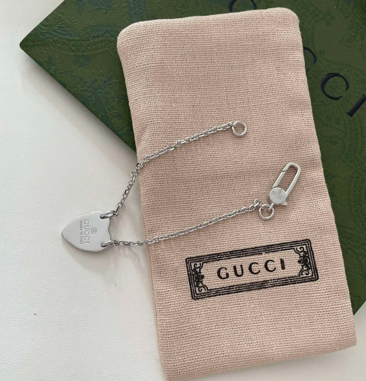 Gucci Heart Pendant Silver Army Green Engraved Logo Necklace 4