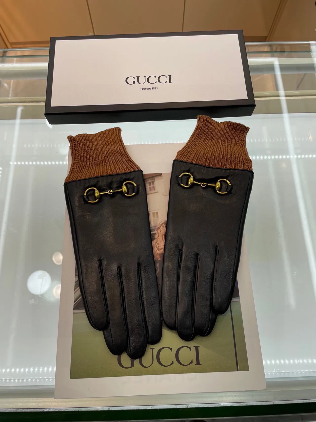 Gucci Horsebit 1955 Guantes de cuero negro marrón con puño de tejido rib suave 2