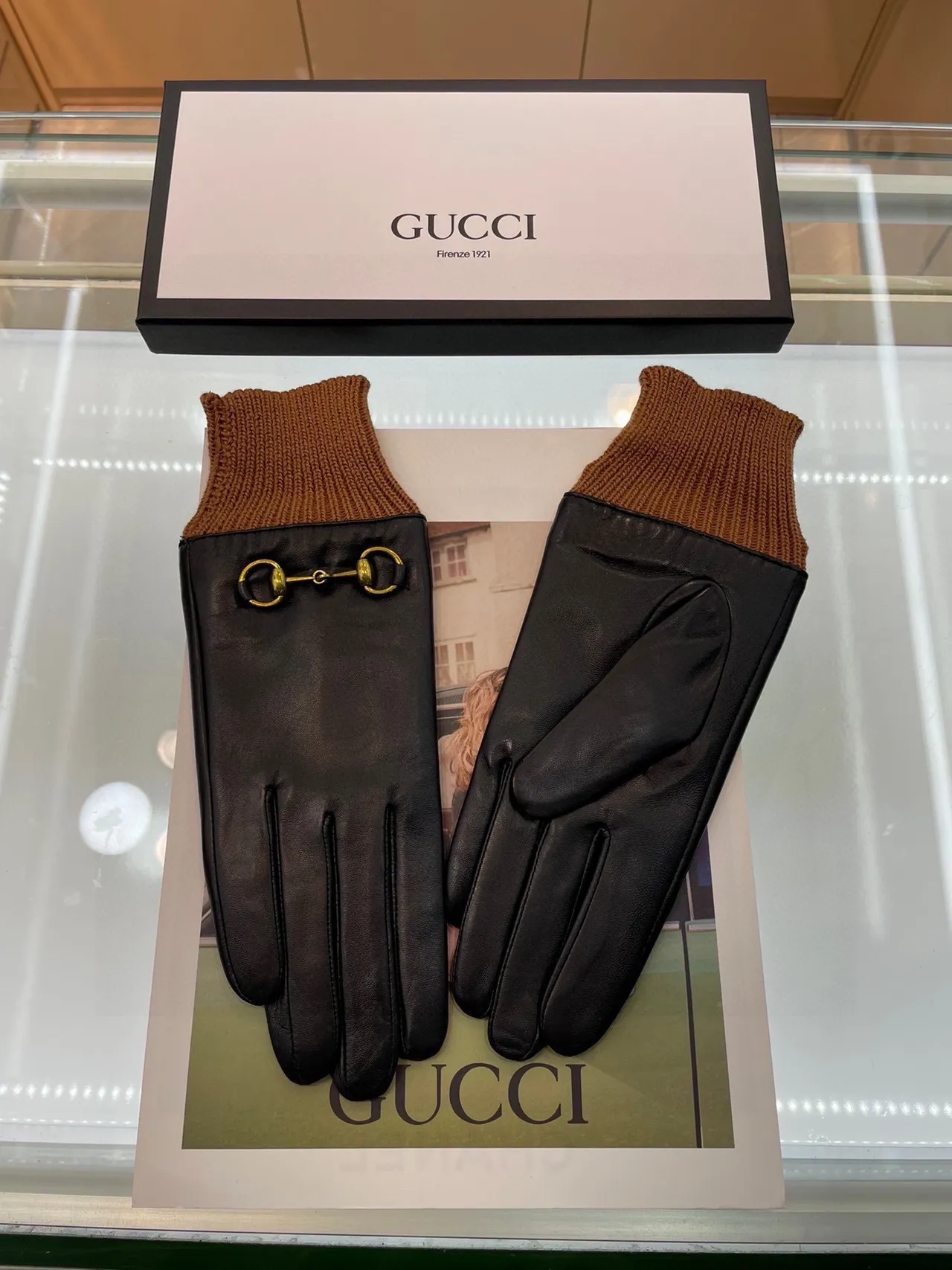 Gucci Horsebit 1955 Guantes de cuero negro marrón con puño de tejido rib suave 3