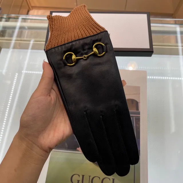 Gucci Horsebit 1955 Guantes de cuero negro marrón con puño de tejido rib suave 4