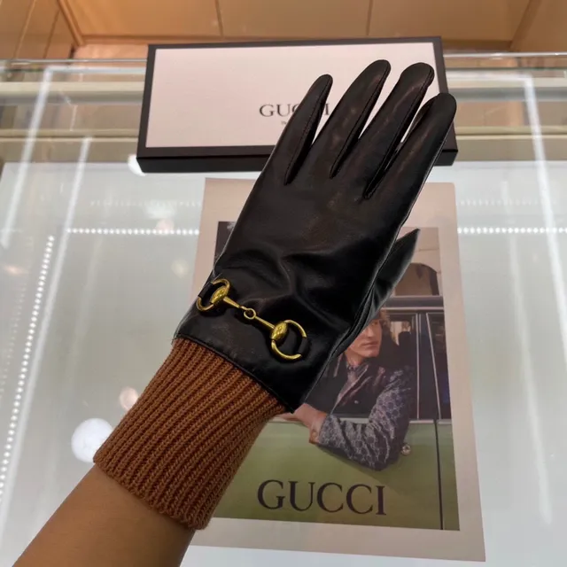 Gucci Horsebit 1955 Guantes de cuero negro marrón con puño de tejido rib suave 6