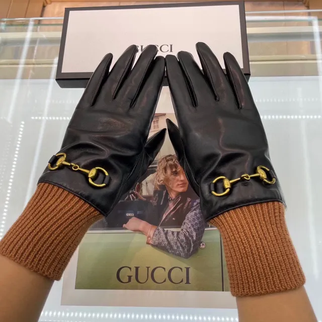 Gucci Horsebit 1955 Guantes de cuero negro marrón con puño de tejido rib suave 7
