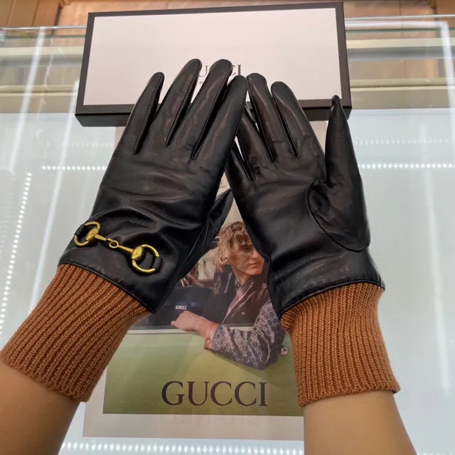 Gucci Horsebit 1955 Guantes de cuero negro marrón con puño de tejido rib suave 8